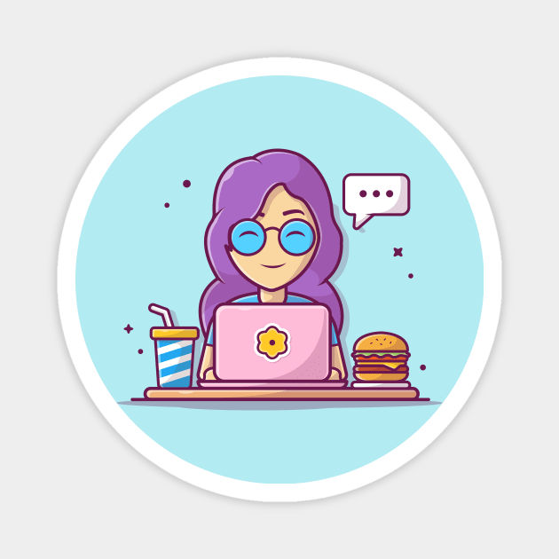 Woman Operating Laptop With Burger And Soft Drink And speech Bubble Cartoon Magnet by Catalyst Labs